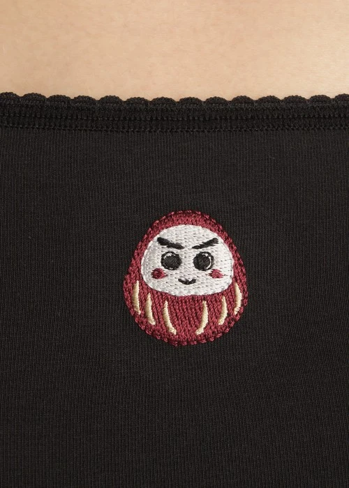 XXL 抗菌系列．花邊高腰三角內褲（黑-刺繡開運達摩）