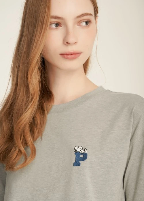 成套_史努比系列．圓領落肩短袖上衣(淺麻灰-三兄弟)