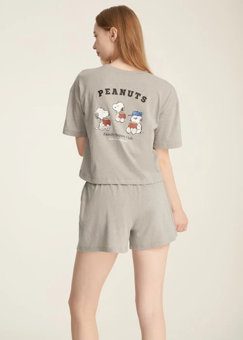 成套_史努比系列．圓領落肩短袖上衣（淺麻灰-三兄弟）