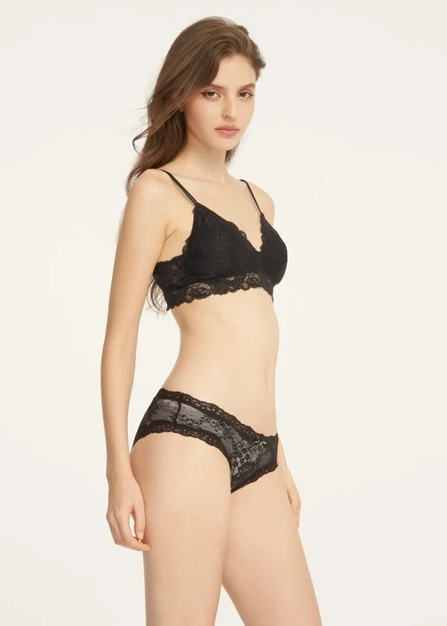 Fleur de Rêve．全網紗低腰三角內褲(黑-繁花)