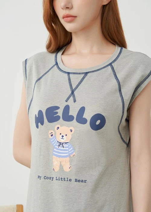 連身_Soft Clouds．短袖爬線罩杯睡衣（淺麻灰-水手熊）