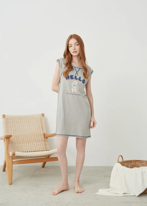 連身_Soft Clouds．短袖爬線罩杯睡衣（淺麻灰-水手熊）