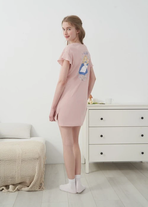 連身_愛麗絲系列．吸濕排汗荷葉短袖開叉睡衣(霧玫粉-夢花園)