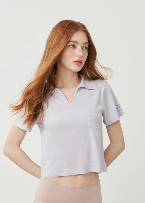 上衣_Soft Clouds．吸濕排汗襯衫領短版短袖上衣（輕霧紫）