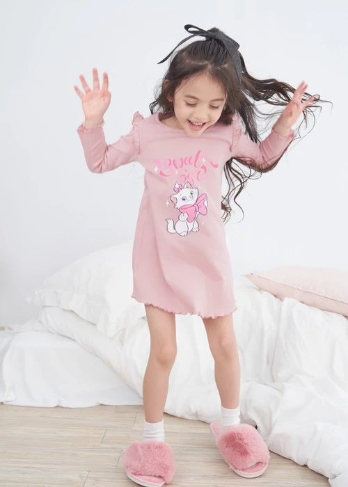 兒童連身_迪士尼貓狗系列．純棉長袖荷葉居家睡衣（芭蕾粉-Gift）