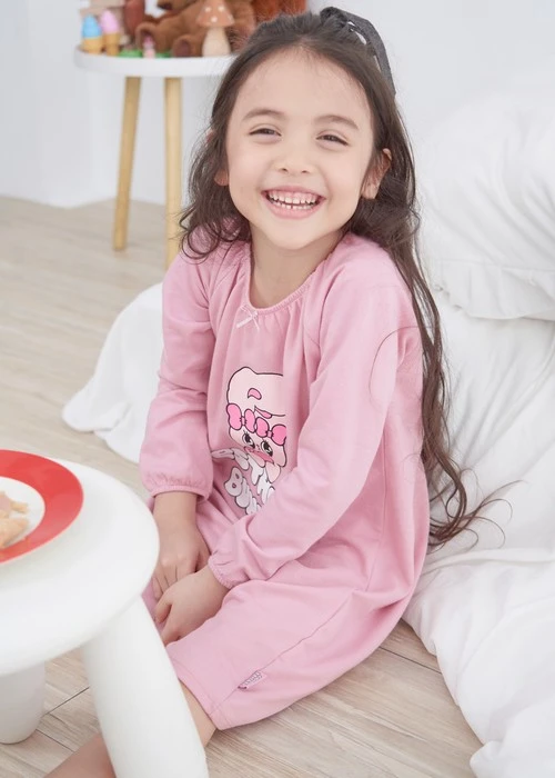 兒童連身_艾絲樂小兔系列．拉格蘭袖長袖束口睡衣(微風粉-抱愛心)