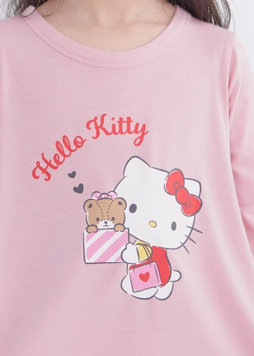 兒童連身_Hello Kitty系列．裙片抽皺長袖睡衣(熊熊粉-拆禮物)