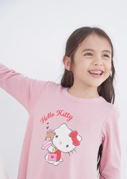 兒童連身_Hello Kitty系列．裙片抽皺長袖睡衣(熊熊粉-拆禮物)