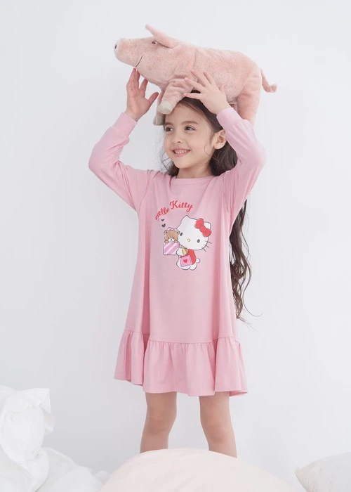 兒童連身_Hello Kitty系列．裙片抽皺長袖睡衣（熊熊粉-拆禮物）