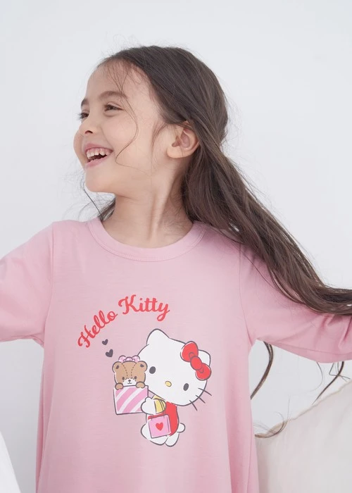 兒童連身_Hello Kitty系列．裙片抽皺長袖睡衣(熊熊粉-拆禮物)