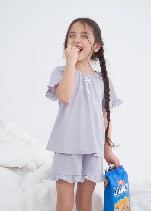 兒童成套_Sunlight Sky．吸濕排汗拉格蘭短袖荷葉上衣(淺灰綠)