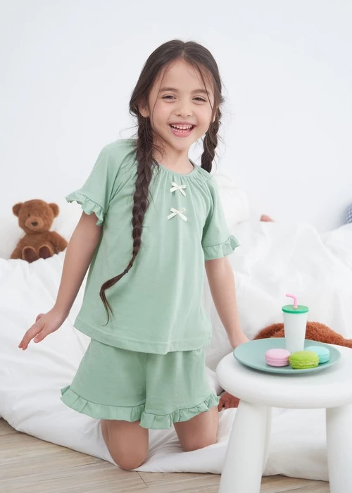 兒童成套_Sunlight Sky．吸濕排汗拉格蘭短袖荷葉上衣（淺灰綠）