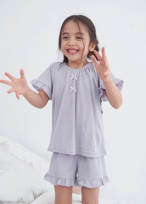 兒童成套_Sunlight Sky．吸濕排汗拉格蘭短袖荷葉上衣（輕霧紫）