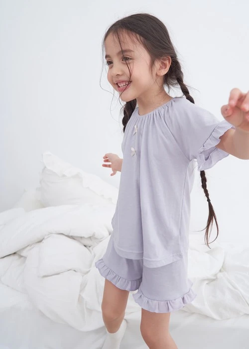 兒童成套_Sunlight Sky．吸濕排汗拉格蘭短袖荷葉上衣(淺灰綠)