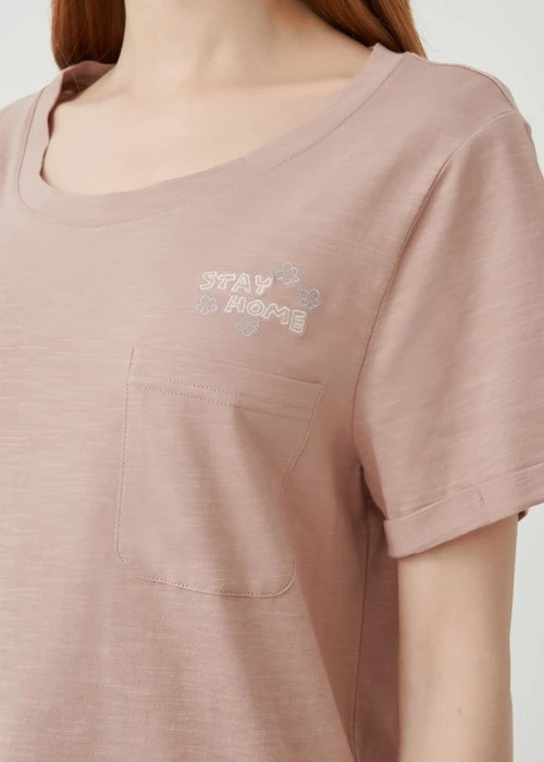 連身_Soft Clouds．純棉反摺短袖口袋開叉睡衣（粉裸棕）