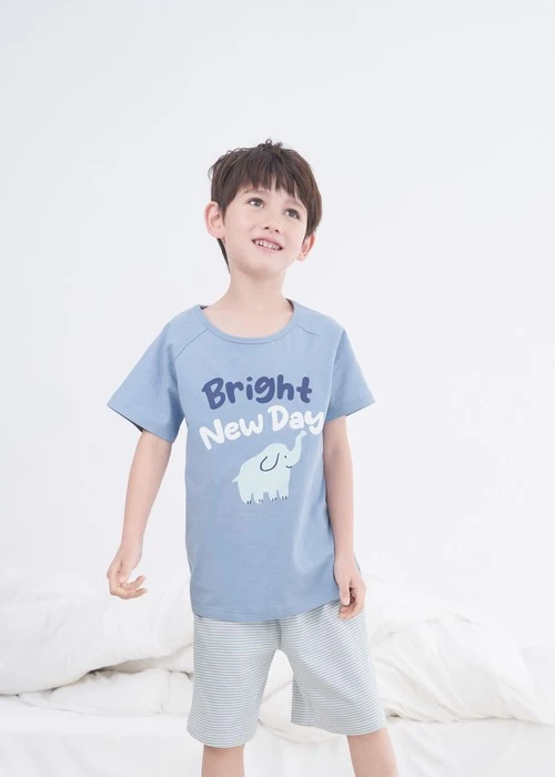 兒童成套_Summer Time．純棉拉格蘭短袖睡衣(淺海藍-小象寶寶)