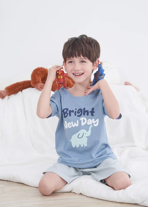 兒童成套_Summer Time．純棉拉格蘭短袖睡衣(淺海藍-小象寶寶)