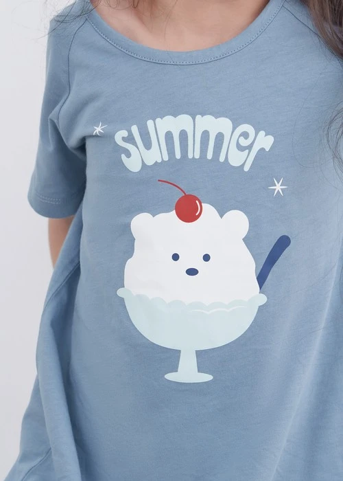 兒童連身_Summer Time．莫代爾棉拉格蘭短袖居家睡衣（暮雲藍-熊熊冰）