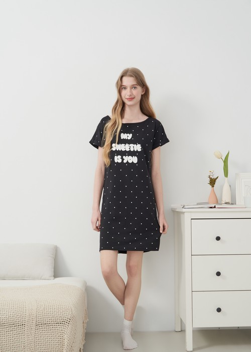 連身_Lazy Day．莫代爾棉微平口肩居家反摺短袖睡衣(暮雲藍-肚子餓)