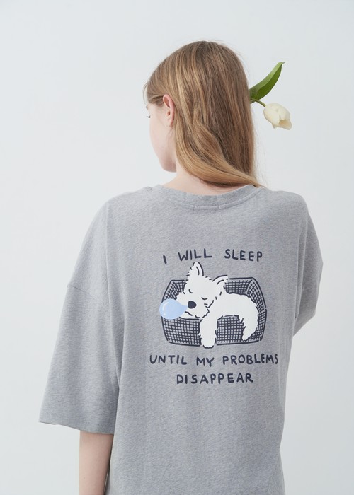 連身_Lazy Day．純棉落肩五分袖睡衣（淺麻灰-刺繡西高地狗狗）