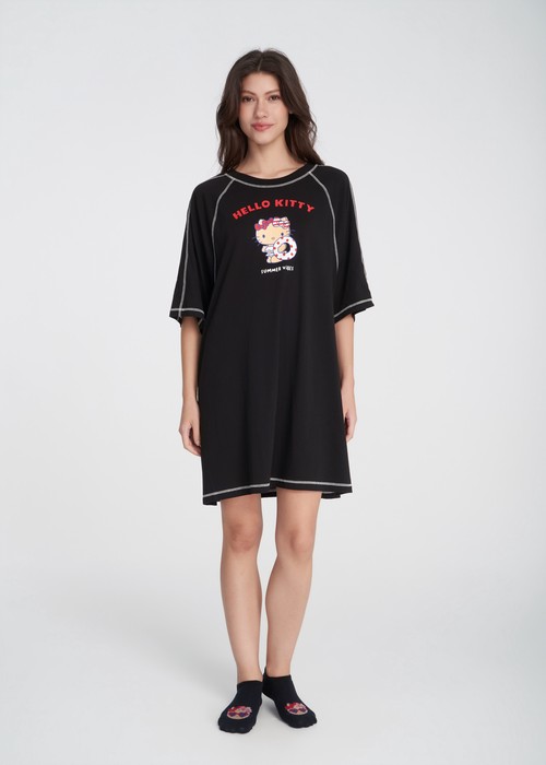 連身_Hello Kitty系列．拉格蘭飾線五分袖睡衣(黑色-曬黑)
