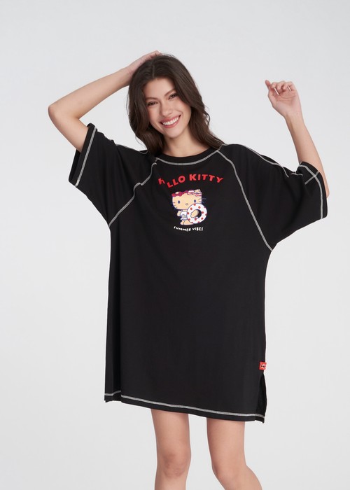 連身_Hello Kitty系列．拉格蘭飾線五分袖睡衣(黑色-曬黑)
