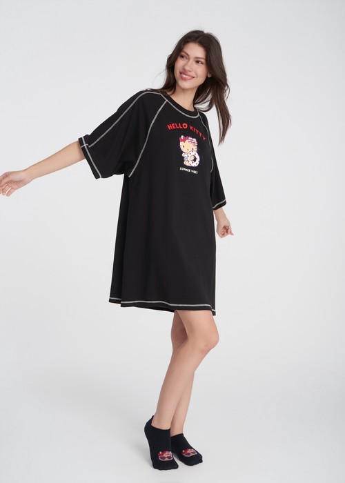 連身_Hello Kitty系列．拉格蘭飾線五分袖睡衣（黑色-曬黑）