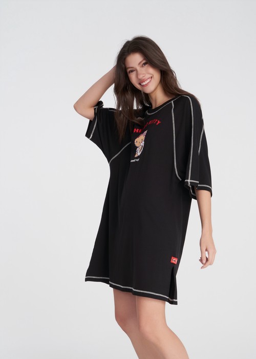 連身_Hello Kitty系列．拉格蘭飾線五分袖睡衣(黑色-曬黑)