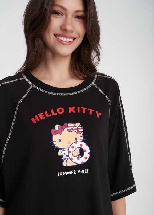 連身_Hello Kitty系列．拉格蘭飾線五分袖睡衣（黑色-曬黑）
