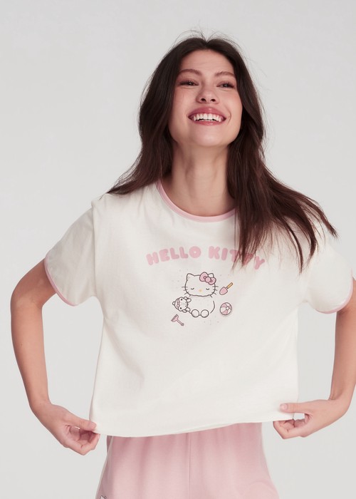成套_Hello Kitty系列．滾邊圓領短袖睡衣(奶白/蜜桃粉-海灘)