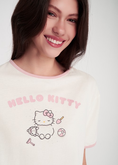 成套_Hello Kitty系列．滾邊圓領短袖睡衣（奶白/蜜桃粉-海灘）