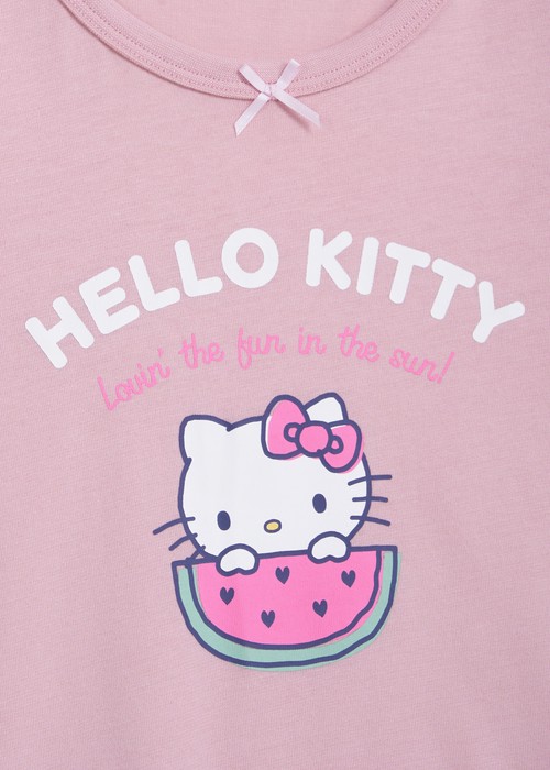 兒童連身_Hello Kitty系列．圓領公主短袖睡衣（蜜桃粉-愛心西瓜）