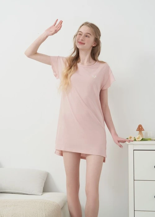 連身_愛麗絲系列．吸濕排汗荷葉短袖開叉睡衣(霧玫粉-夢花園)