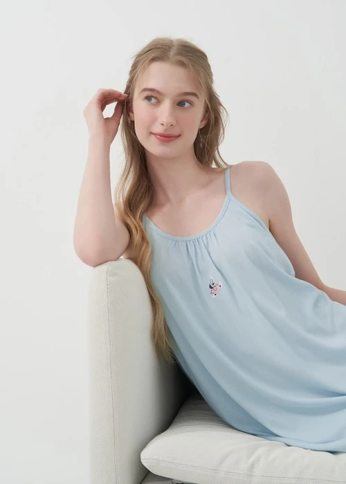 連身_愛麗絲系列．吸濕排汗蝴蝶結肩帶睡衣(夢幻藍-刺繡小牡蠣)