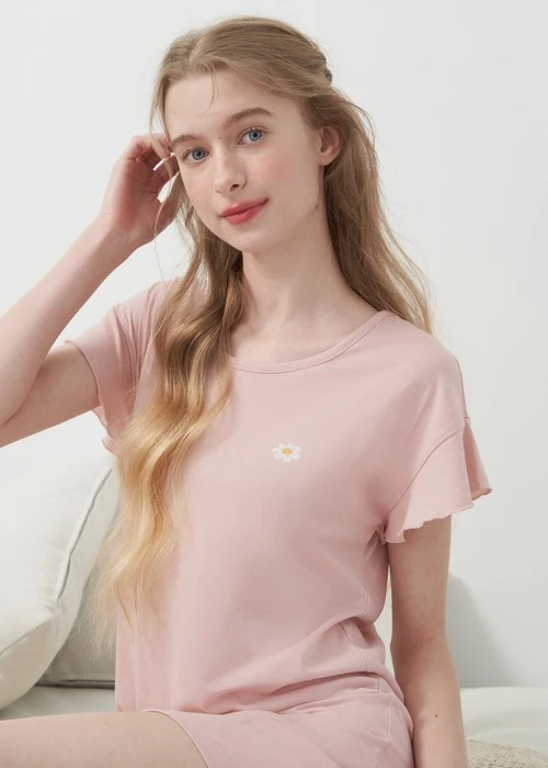 連身_愛麗絲系列．吸濕排汗荷葉短袖開叉睡衣（霧玫粉-夢花園）