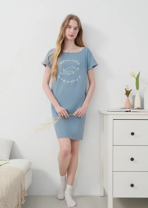 連身_Lazy Day．莫代爾棉微平口肩居家反摺短袖睡衣(暮雲藍-肚子餓)