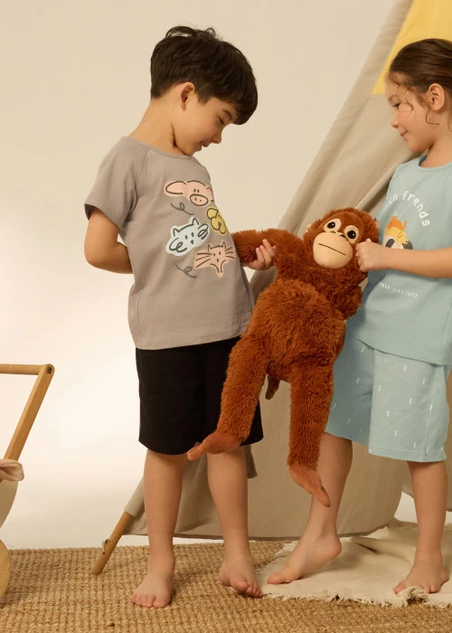 兒童成套_暖陽樂園．純棉拉格蘭短袖睡衣（卡其-豬狗貓）