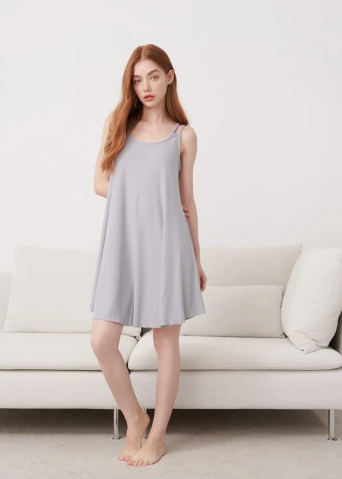 連身_Soft Clouds．雙肩帶傘狀睡衣(鐵灰綠-刺繡幸福)