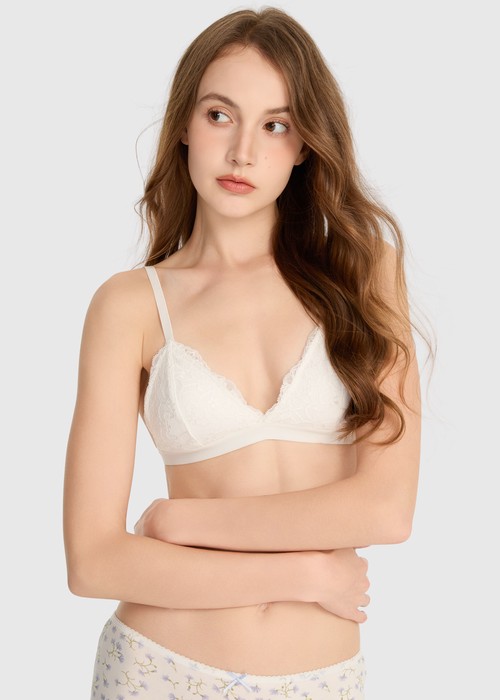 Wish you roses．三角杯蕾絲交叉 V 領短版 Bra Top(米白)