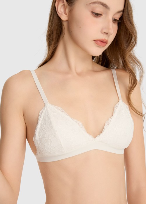 Wish you roses．三角杯蕾絲交叉 V 領短版 Bra Top(米白)