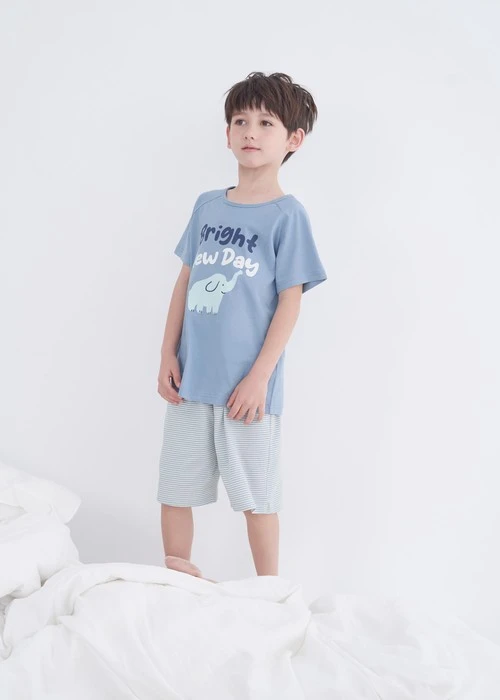 兒童上衣_Summer Time．純棉拉格蘭短袖睡衣(淺海藍-小象寶寶)