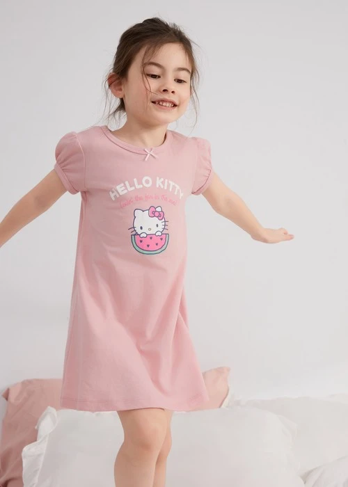 兒童連身_Hello Kitty系列．圓領公主短袖睡衣(蜜桃粉-愛心西瓜)